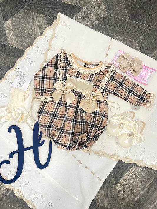 Camel Check Double Bow Romper
