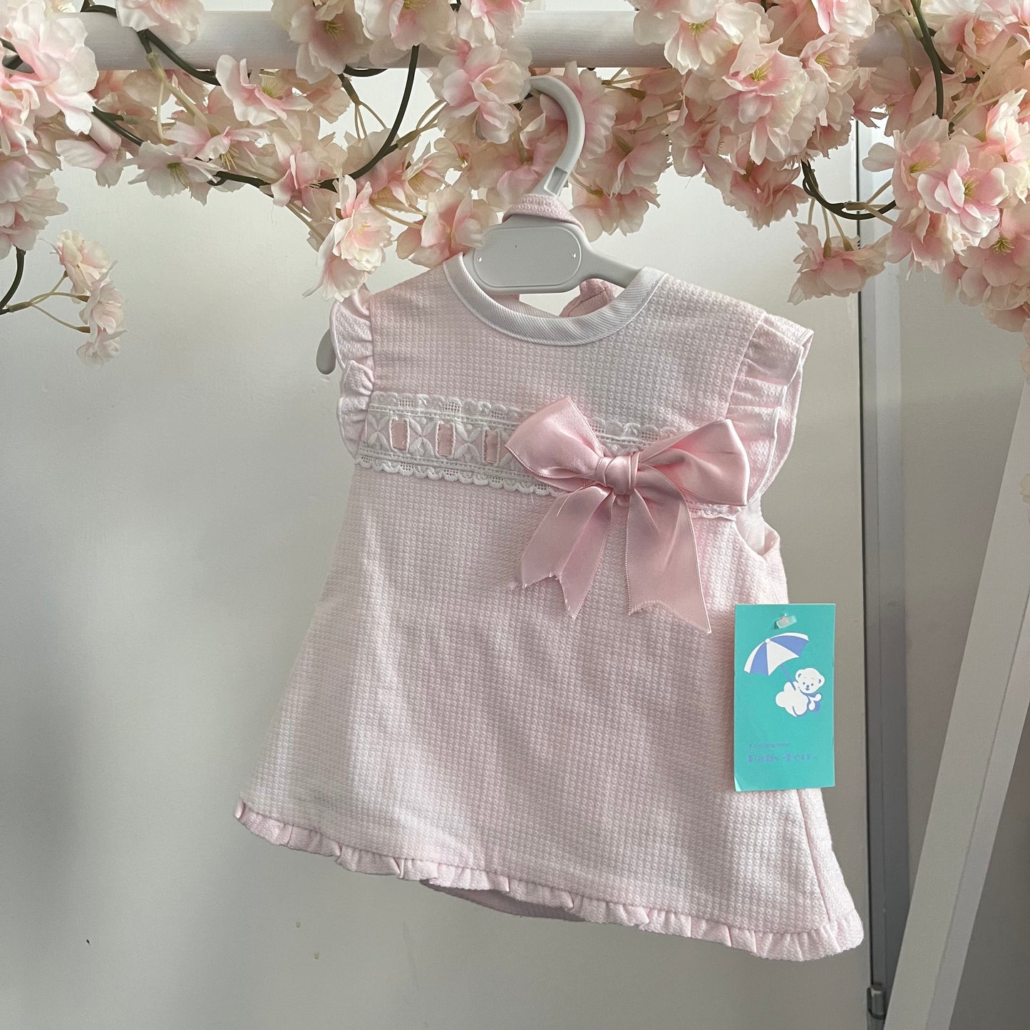 6Months Pink Bow Dress With Bonnet & Pants