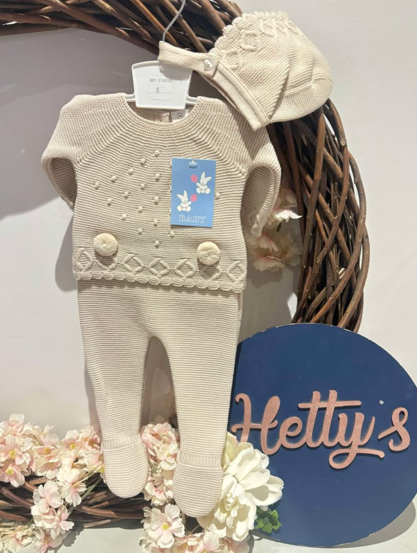 Beige Pom Two Piece with Bonnet