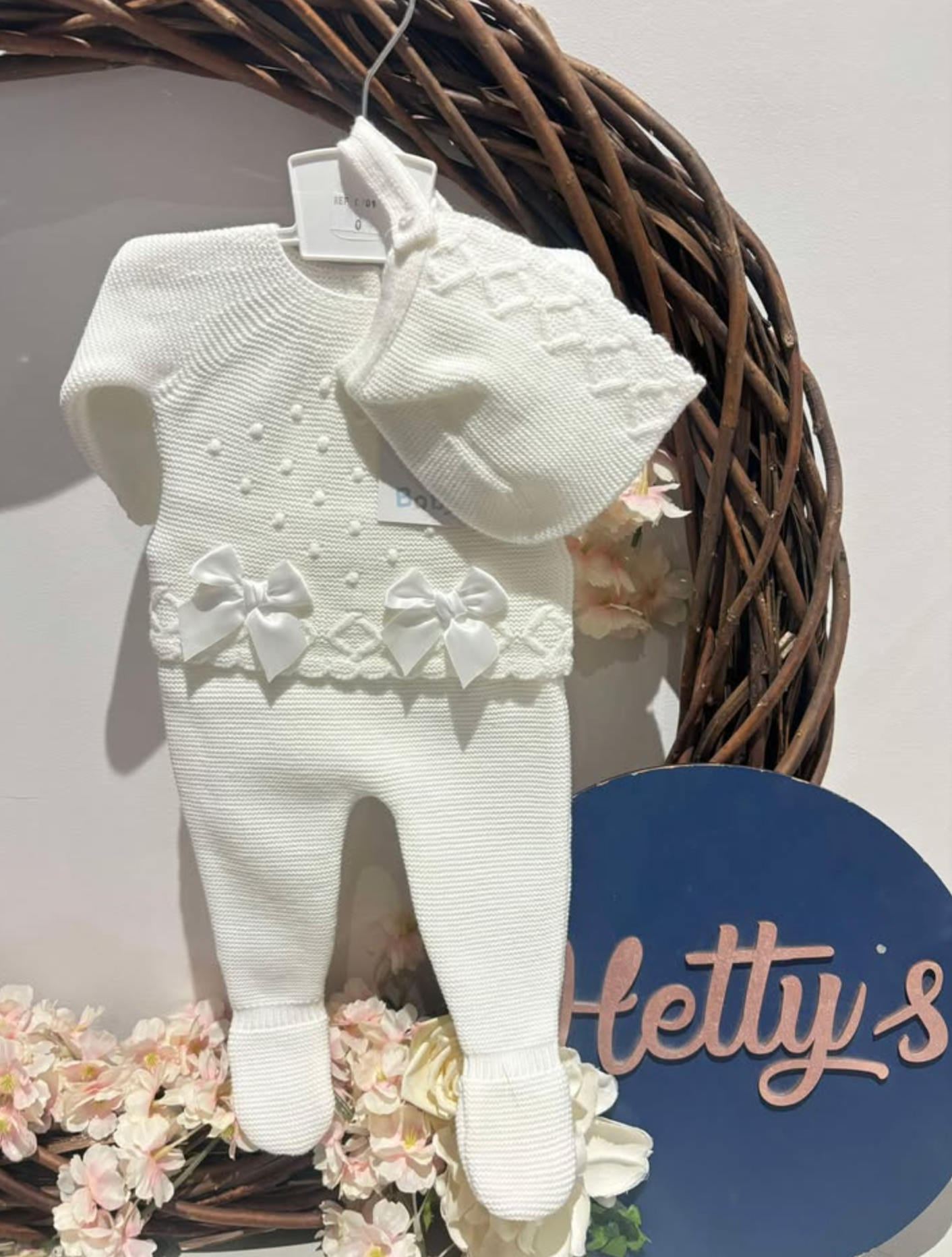 Ivory Knitted Bow Two Piece with Bonnet