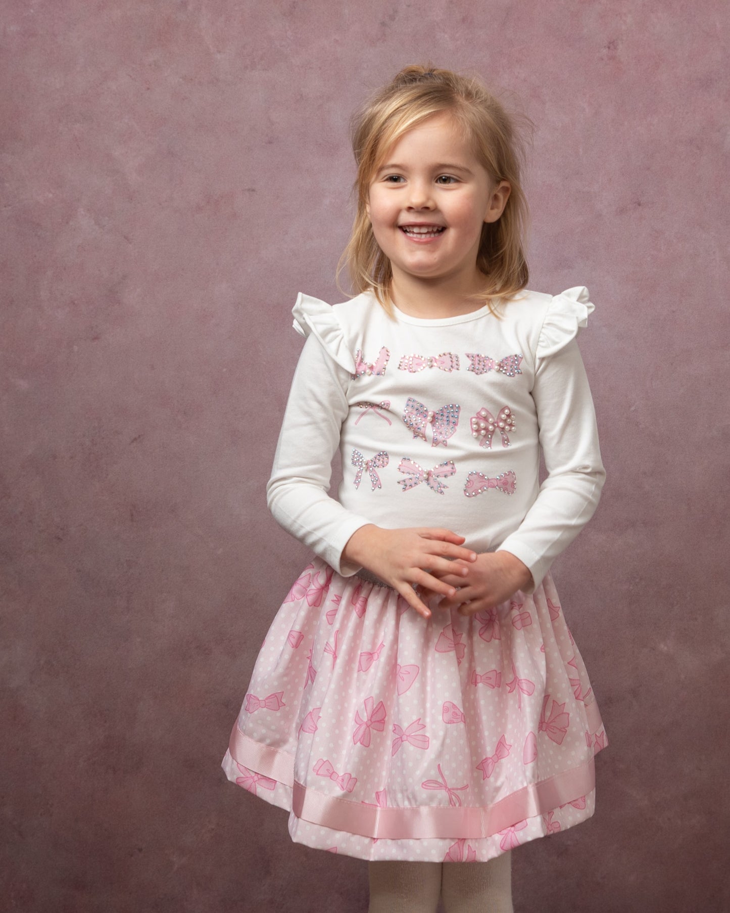 Caramelo Pink Diamanté Bow Skirt Set