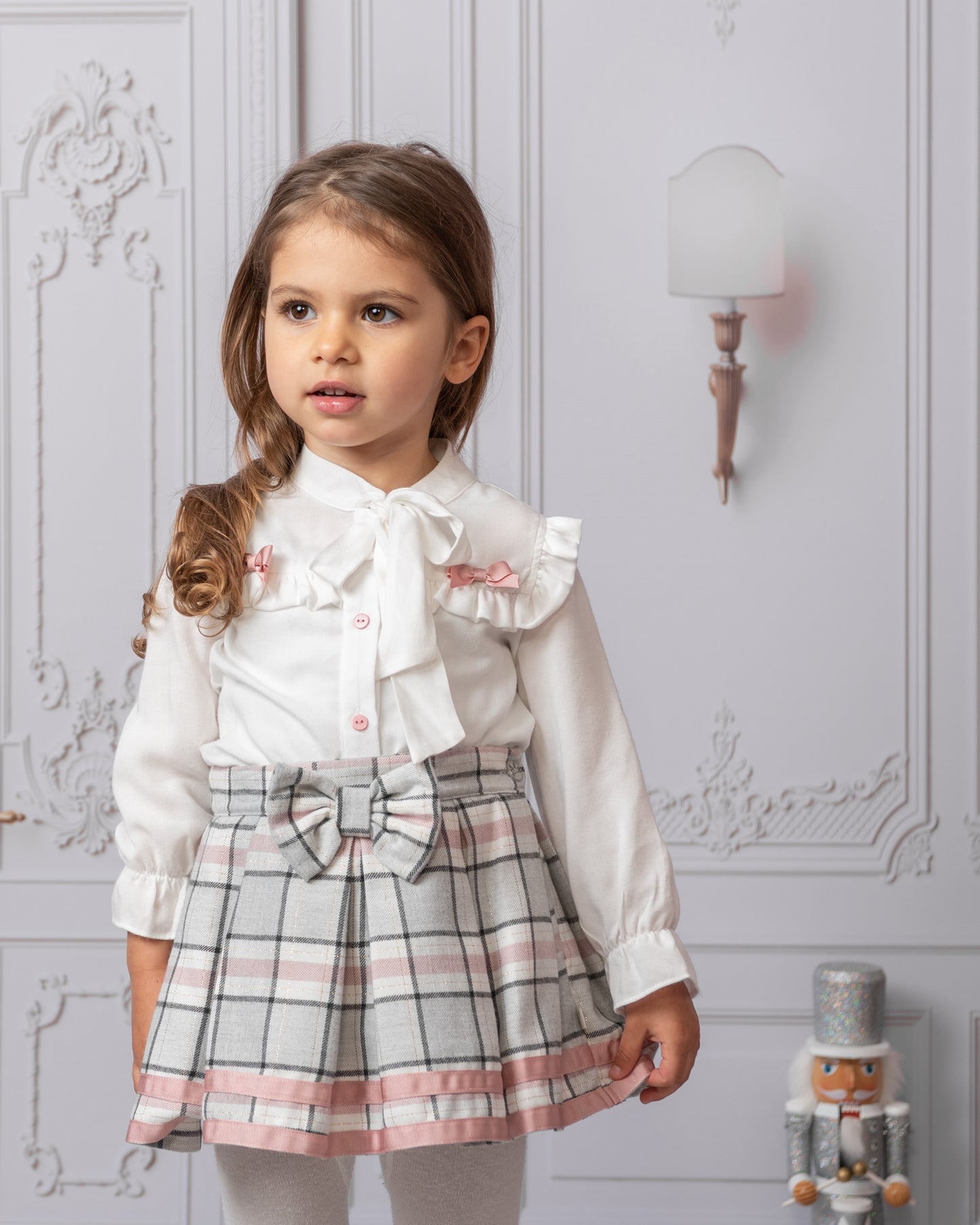 Caramelo Pink Check Blouse Skirt Set with hairband