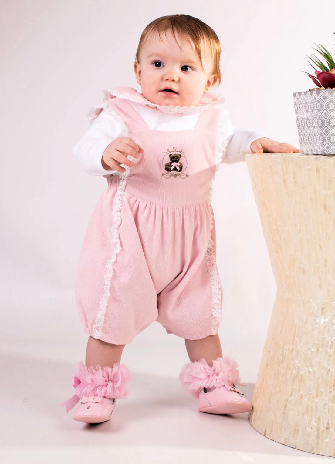 Beau Kid Pink Frilly Collar Teddy Dungaree Set