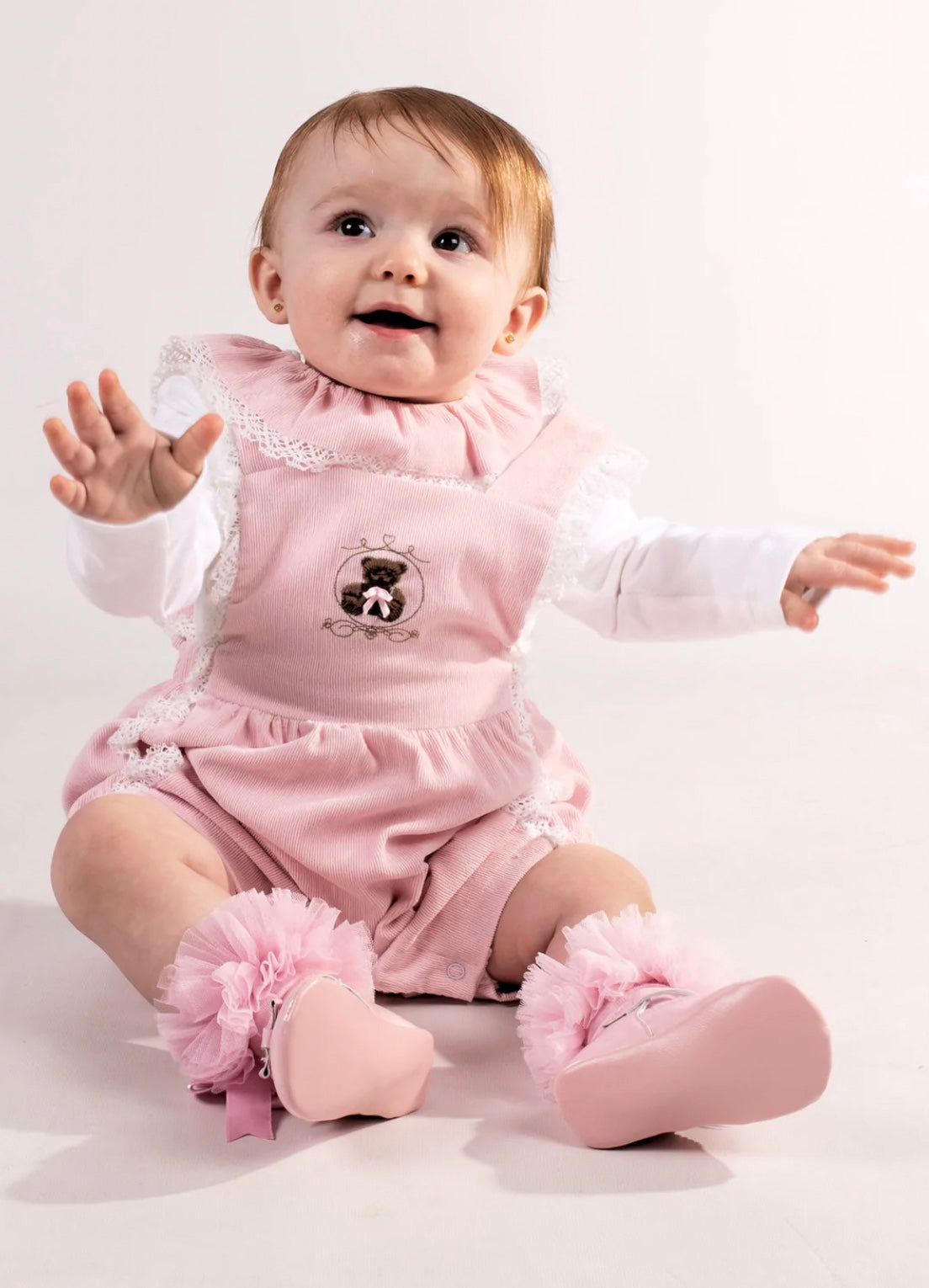 Beau Kid Pink Frilly Collar Teddy Dungaree Set