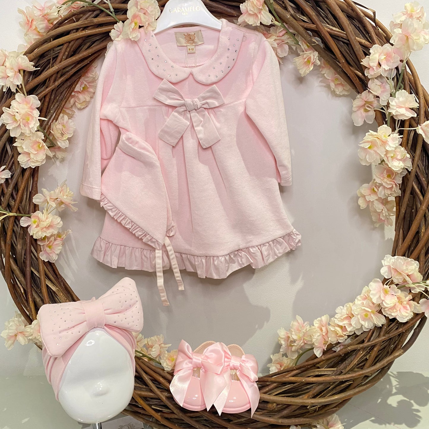 Caramelo Pink Velour Diamante Bow Dress