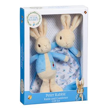 Peter Rabbit Gift Set - Ribbon Tag Comforter and Soft Toy Rattle - Hetty's Baby Boutique