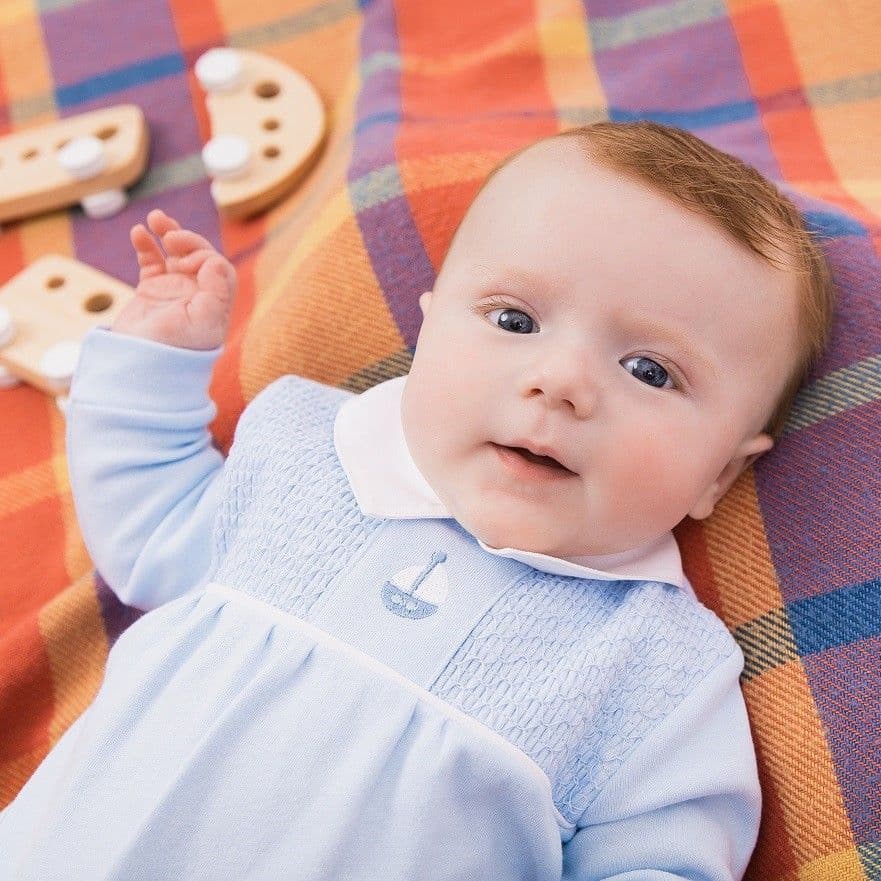 “Ship” Baby Blue Cotton Smock All In One - Hetty's Baby Boutique