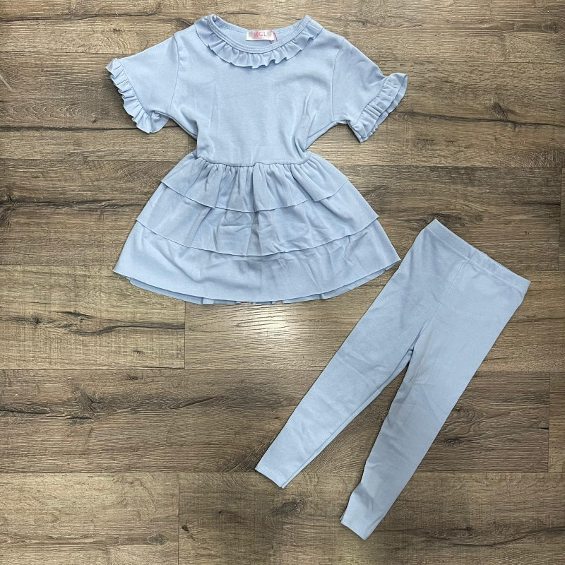 10Y & 12Y *** Ruffle Peplum Girls Two Piece Loungewear - Pink/Beige/Blue