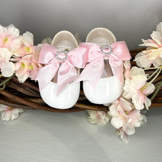 White Diamante "Amelia" Soft Sole Shoes with Pink Bow