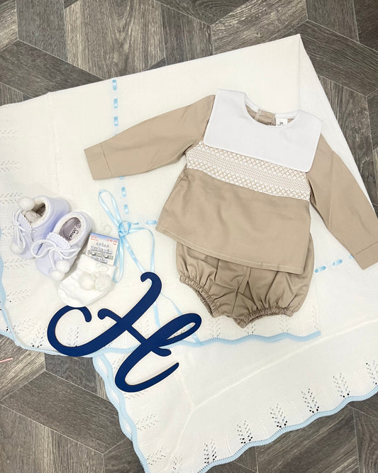 Beige Smocked Jam Pants Set