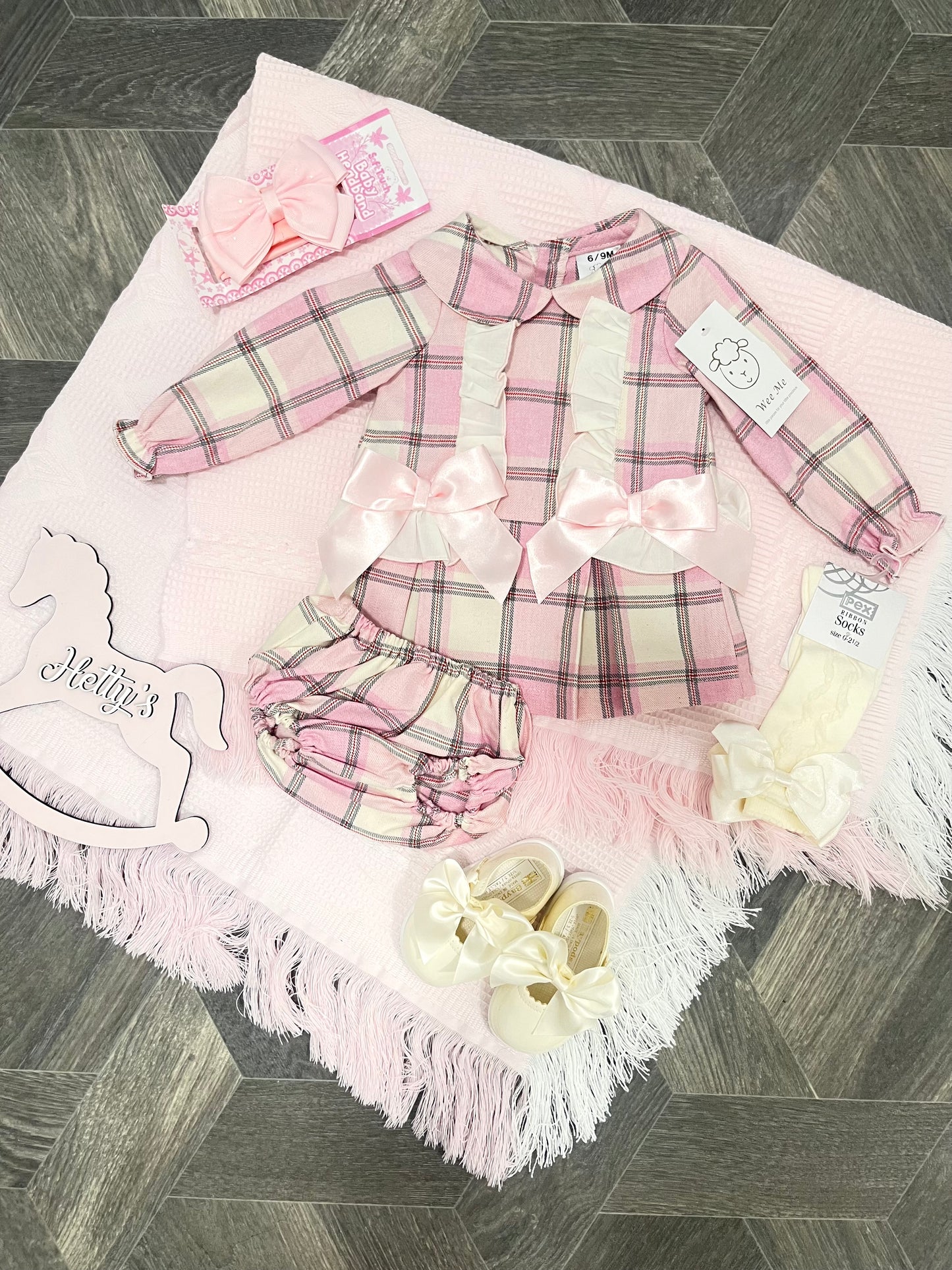 Weemee Pink and Ivory Tartan Double Bow Dress