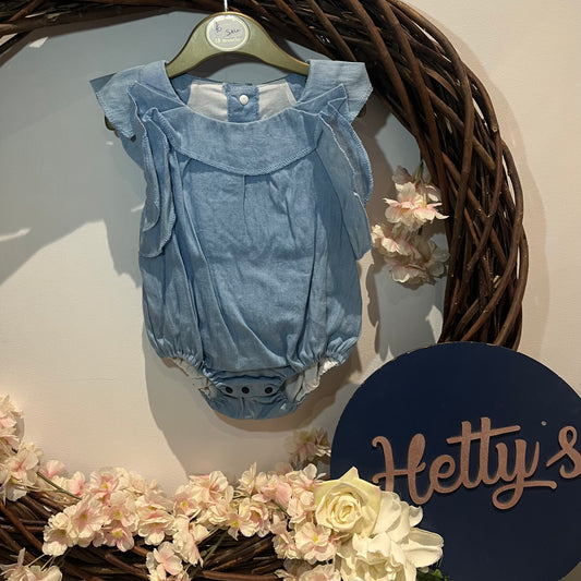 12M Blue denim frilly sleeve romper