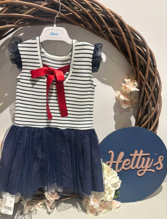 Navy Striped Dress with Red Bow
