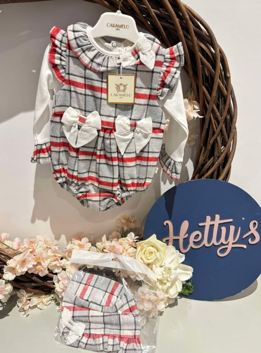 Caramelo Red Check Bow Romper