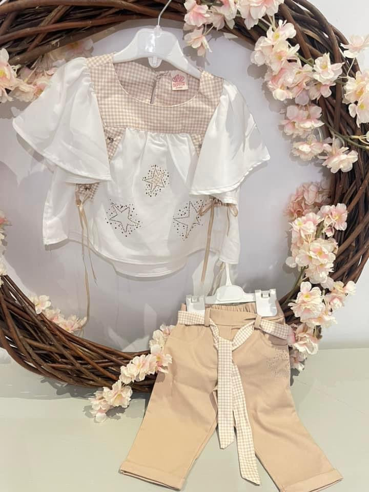 White and camel two piece