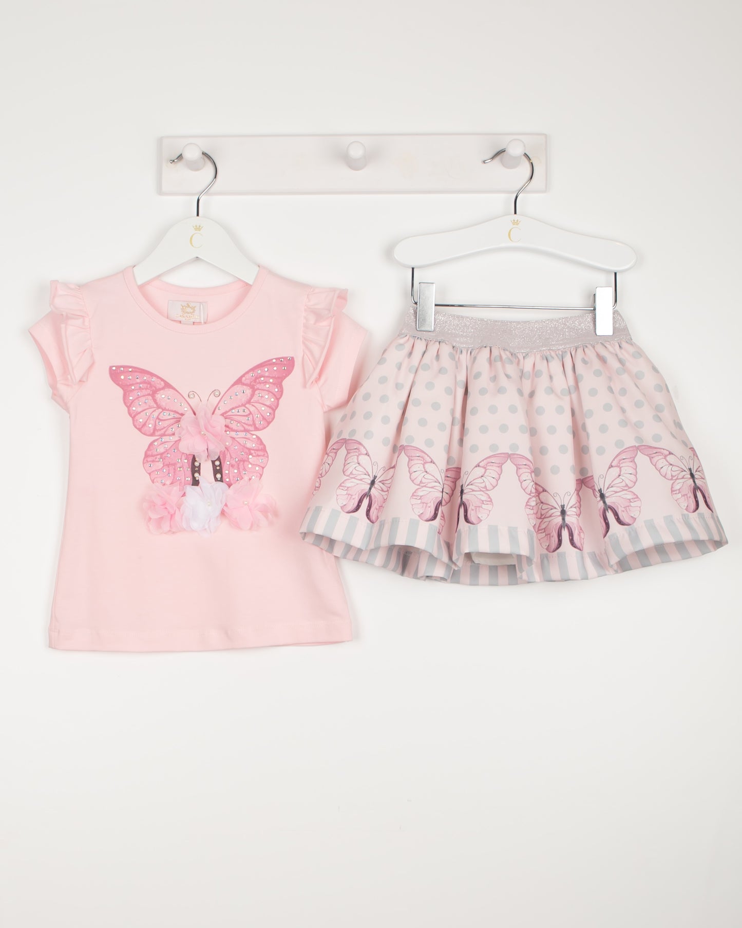 Caramelo Pink Butterfly Skirt Set