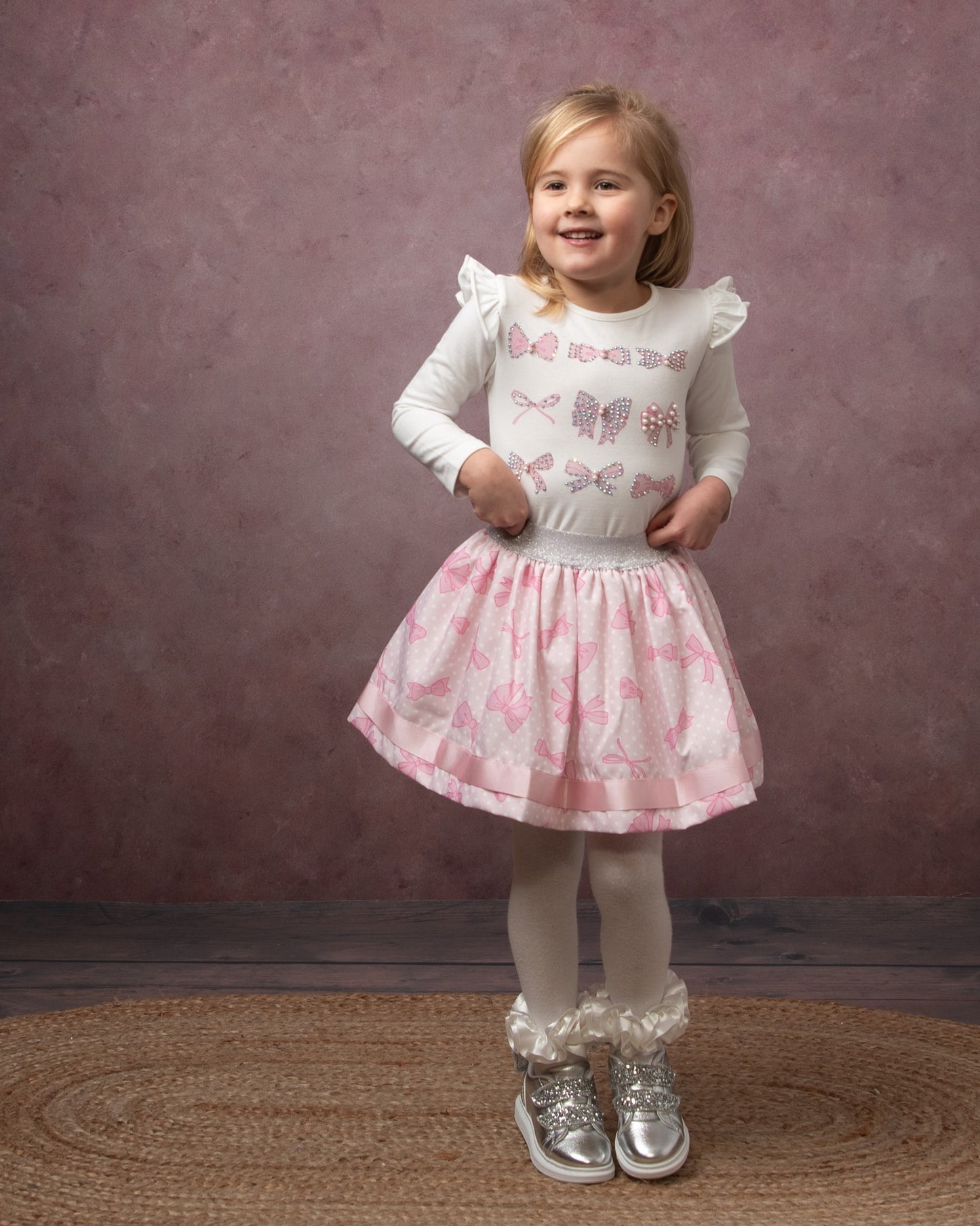 Caramelo Pink Diamanté Bow Skirt Set