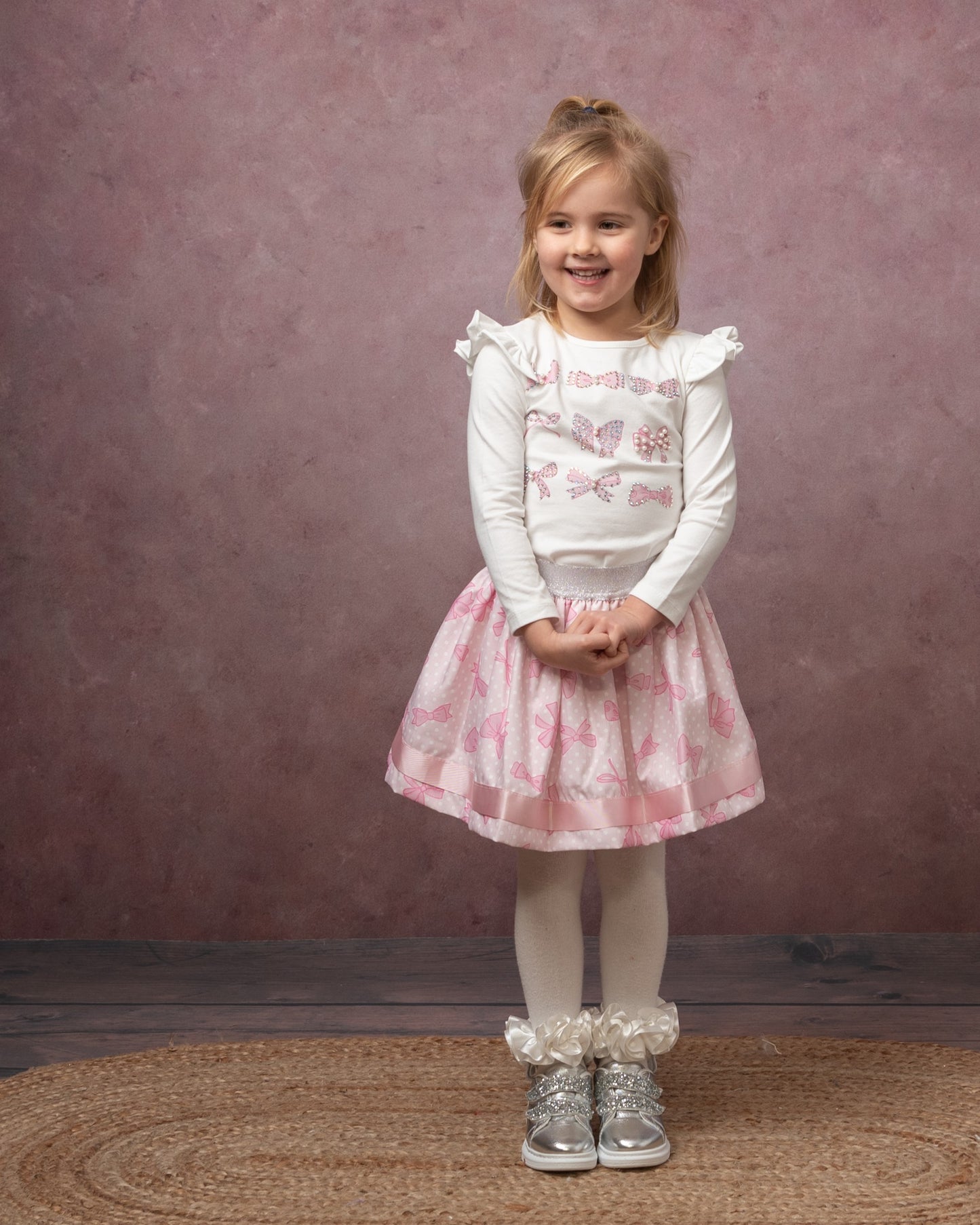 Caramelo Pink Diamanté Bow Skirt Set
