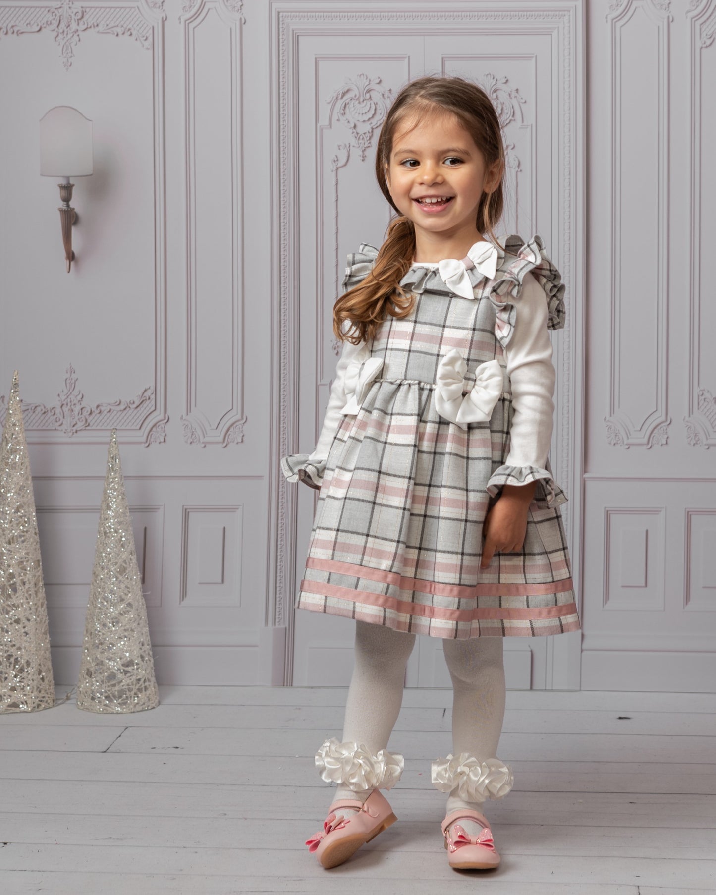 Caramelo Luxury Check Bow Pink Dress with hairband