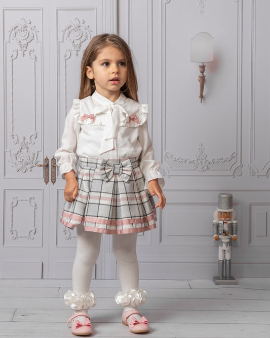 Caramelo Pink Check Blouse Skirt Set with hairband
