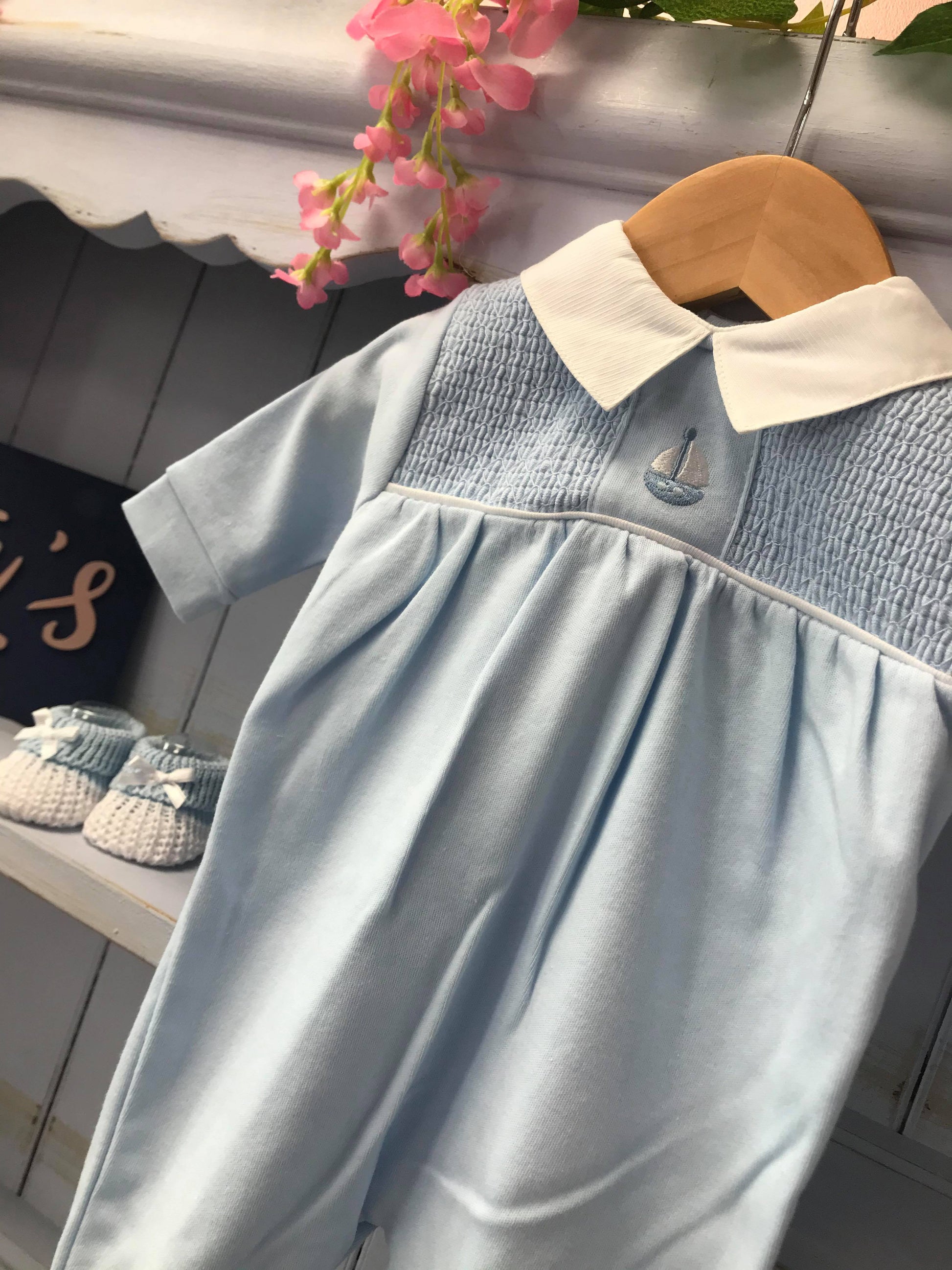 “Ship” Baby Blue Cotton Smock All In One - Hetty's Baby Boutique