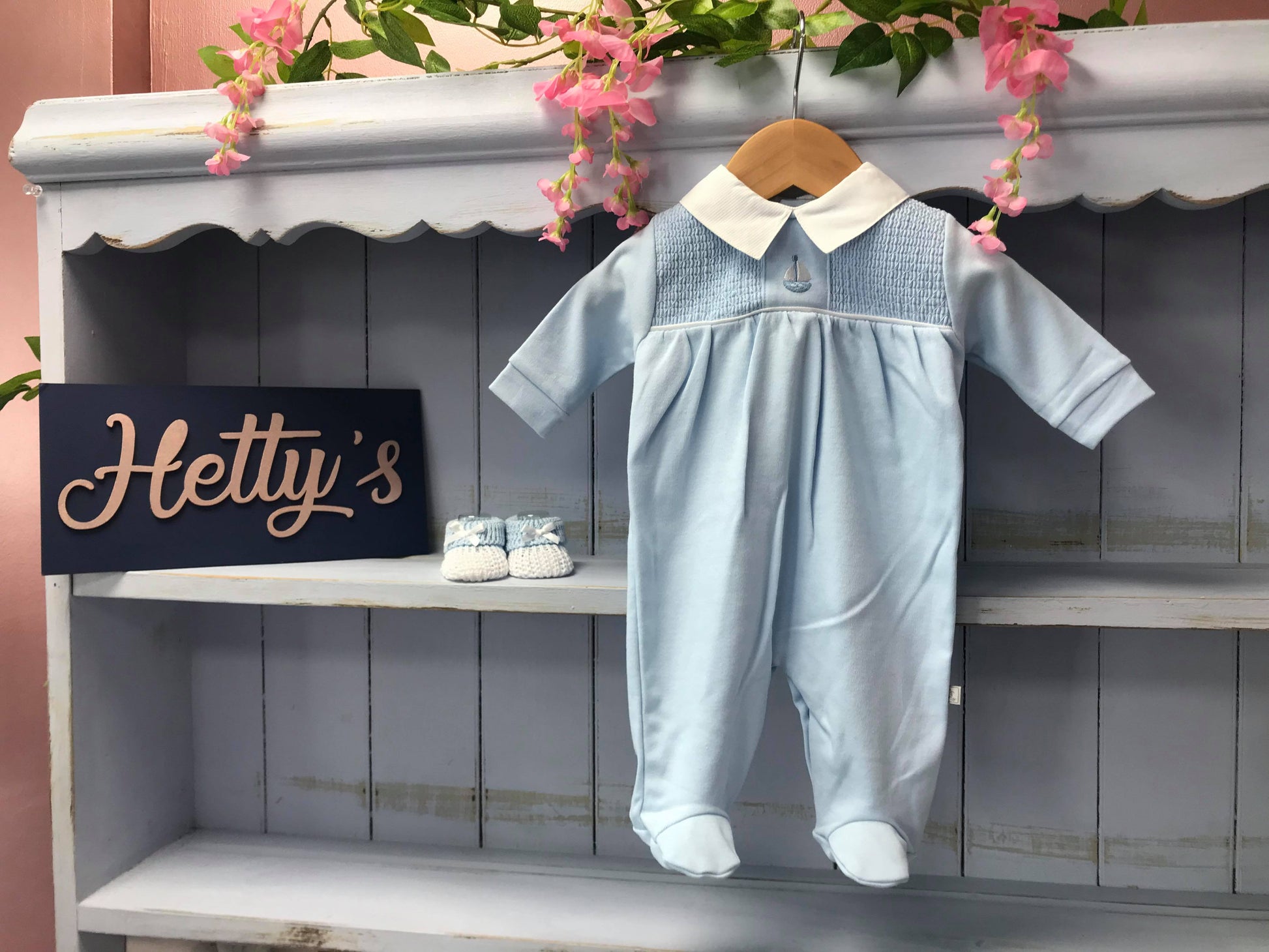 “Ship” Baby Blue Cotton Smock All In One - Hetty's Baby Boutique
