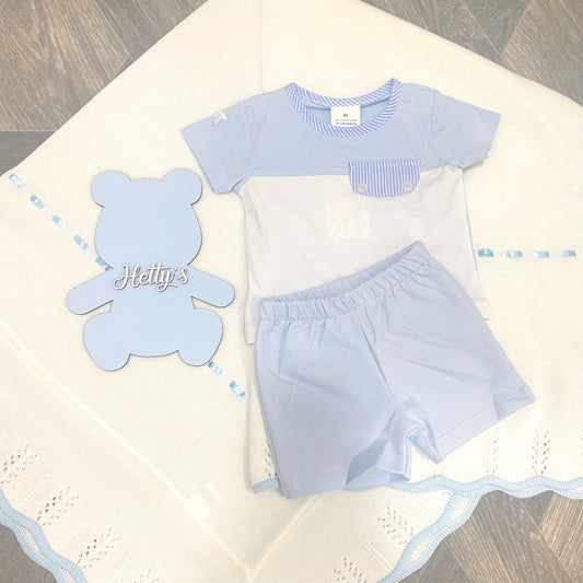 Boys Blue & White Striped Shorts Set