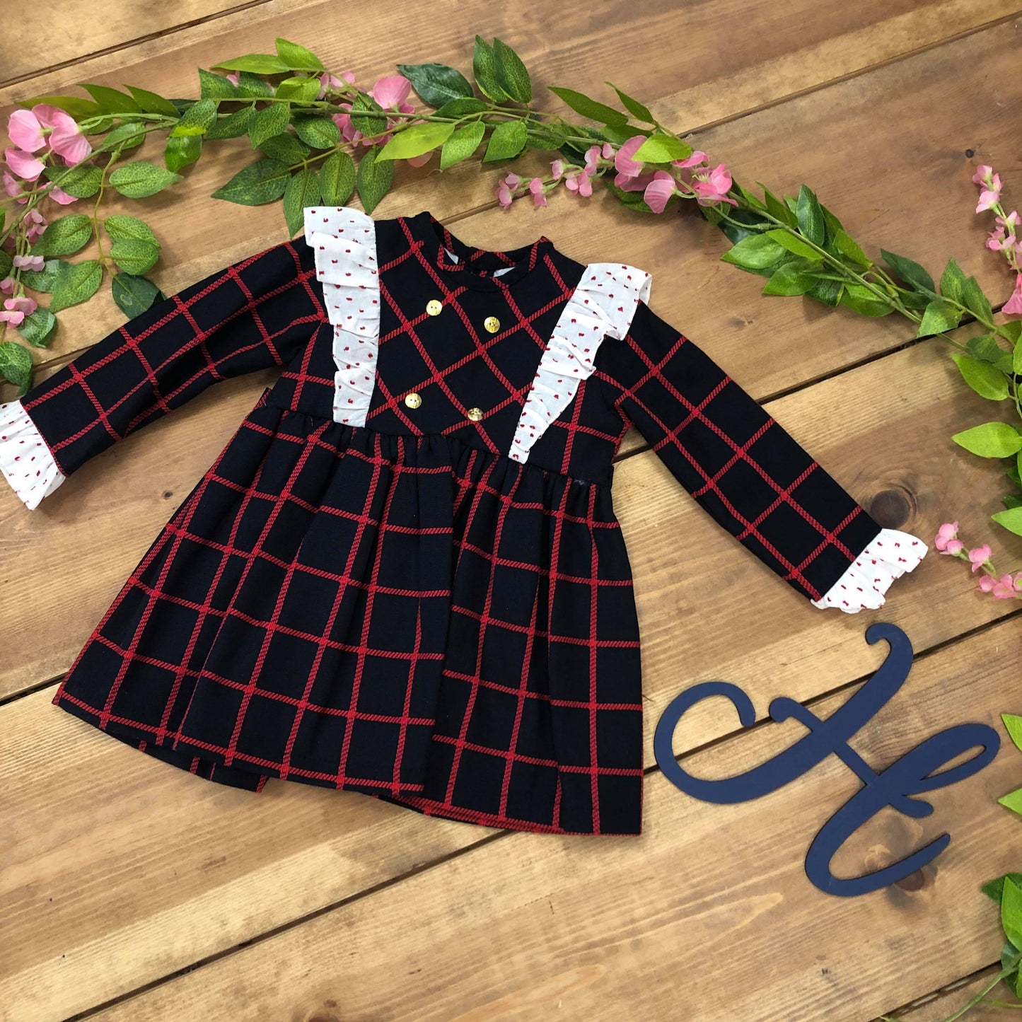 "Simone" 12/18 only Navy & Red Checked Dress with gold buttons - Hetty's Baby Boutique