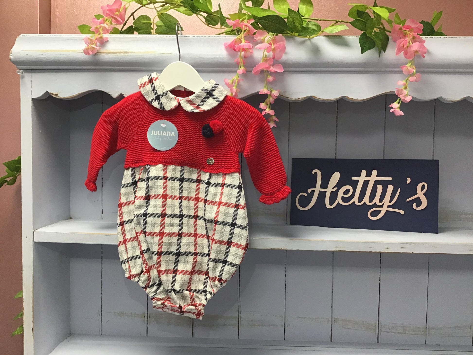 "Ollie" Juliana Spanish Red Check Pom Romper - Hetty's Baby Boutique