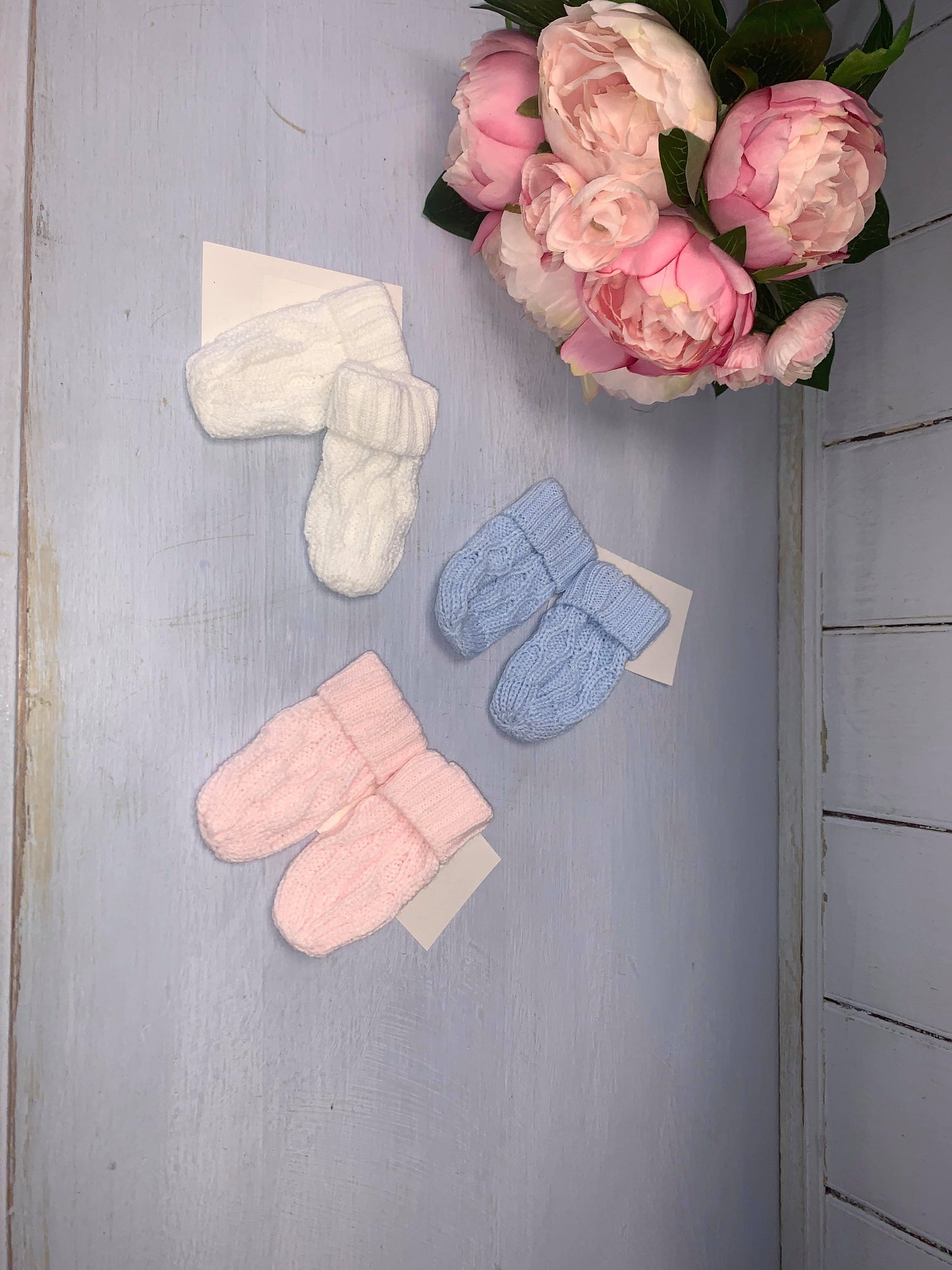 Pink, Blue & White Cable Knit Mitts - Hetty's Baby Boutique