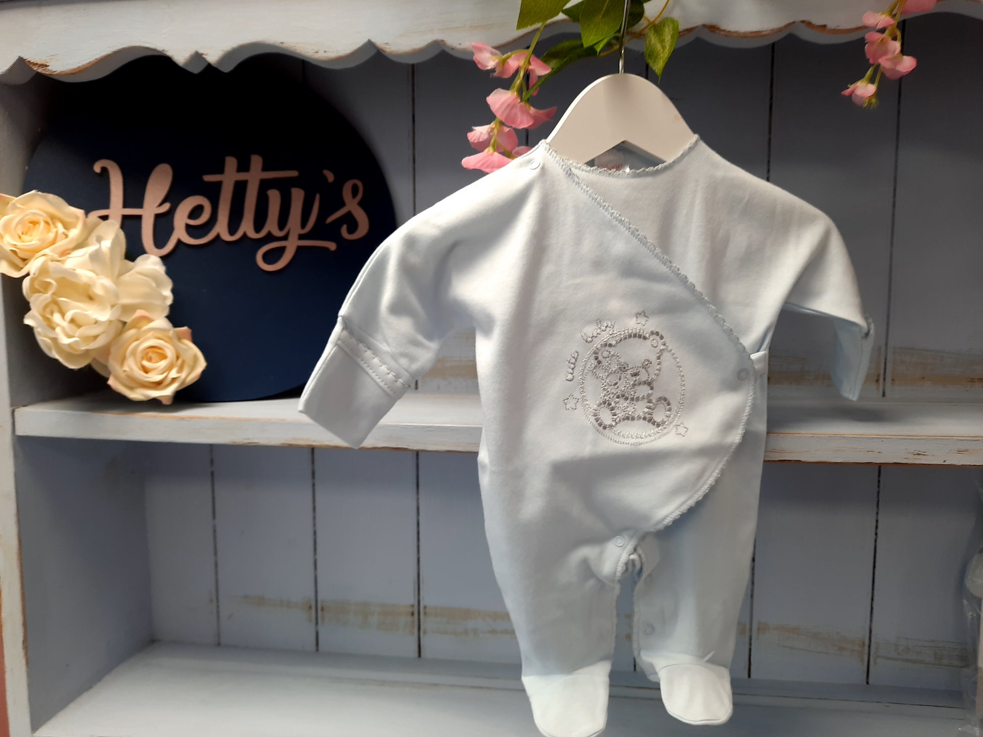 'Sofia' Tiny Baby Blue All in One with Teddy Bear - Hetty's Baby Boutique
