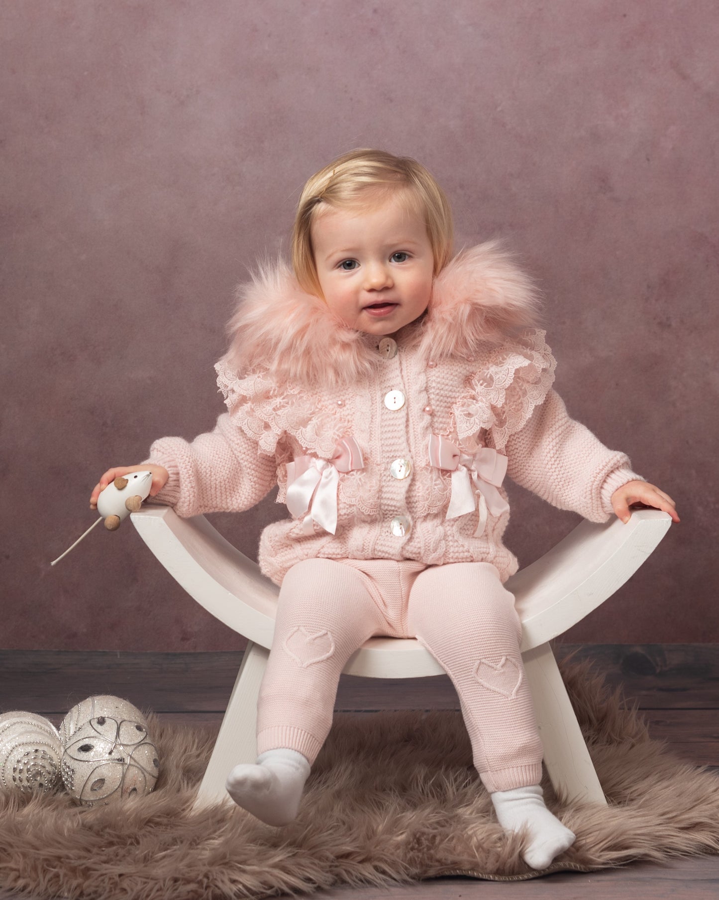 Caramelo Luxury Pink Pearl & Lace Woollen Cardigan
