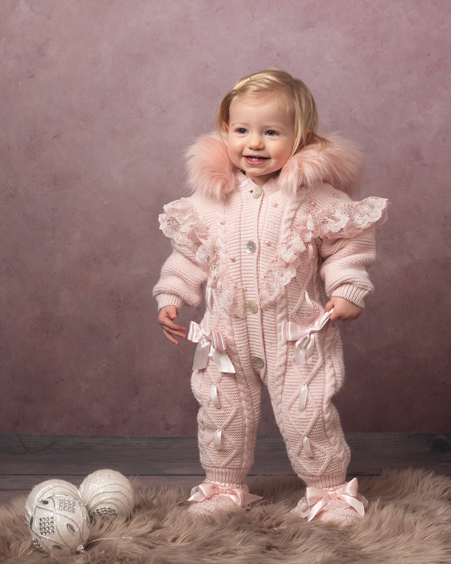 Caramelo Luxury Pink Pearl Lace Knitted Snowsuit