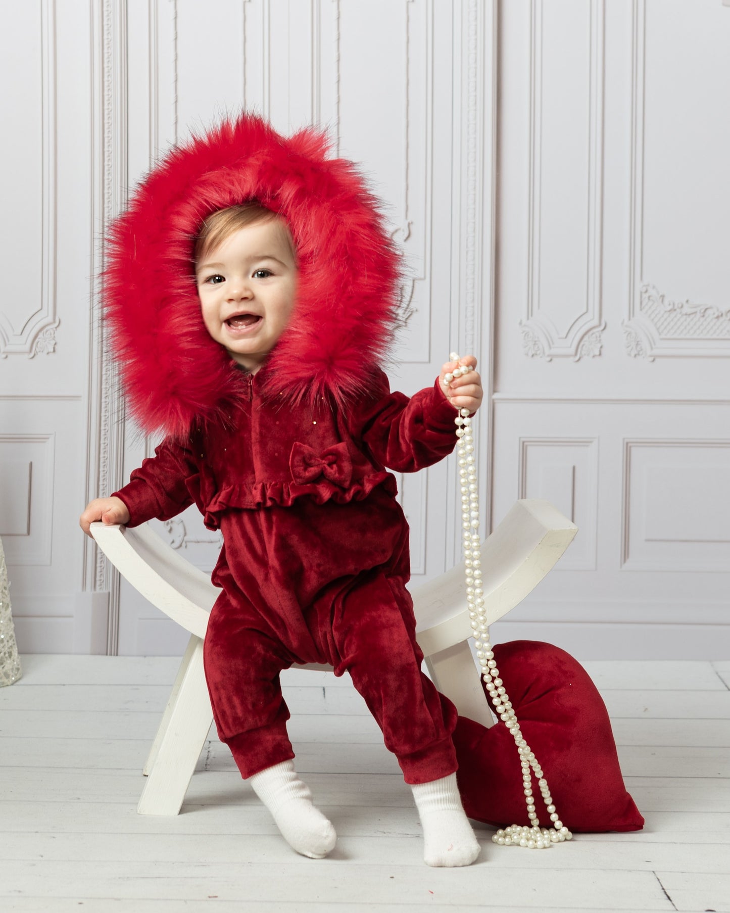 Caramelo Luxury Red Bow Velour Romper