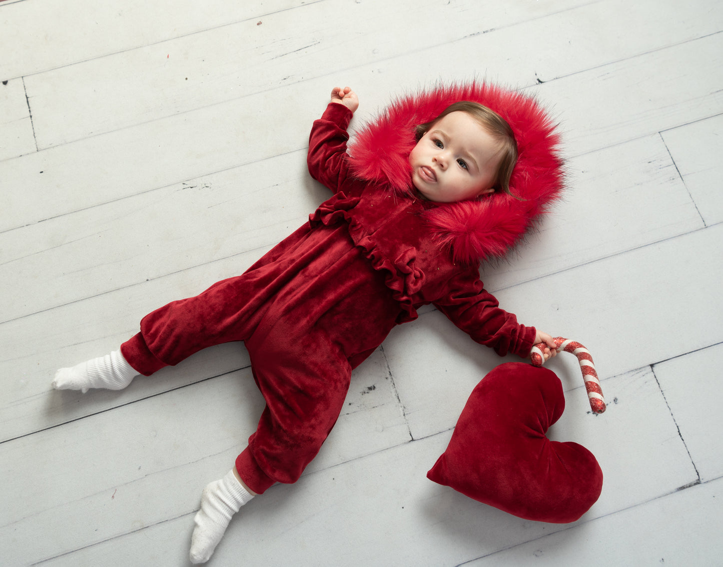 Caramelo Luxury Red Bow Velour Romper
