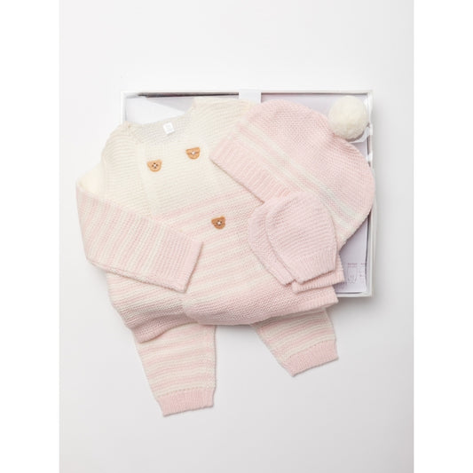 Knitted Pink Striped Button 4 Piece Set