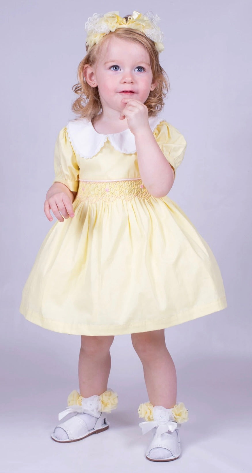 Beau Kid Lemon Rose bud Smock Dress blue or pink trim