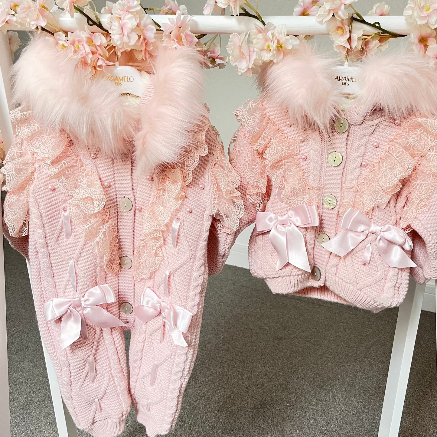 Caramelo Luxury Pink Pearl Lace Knitted Snowsuit