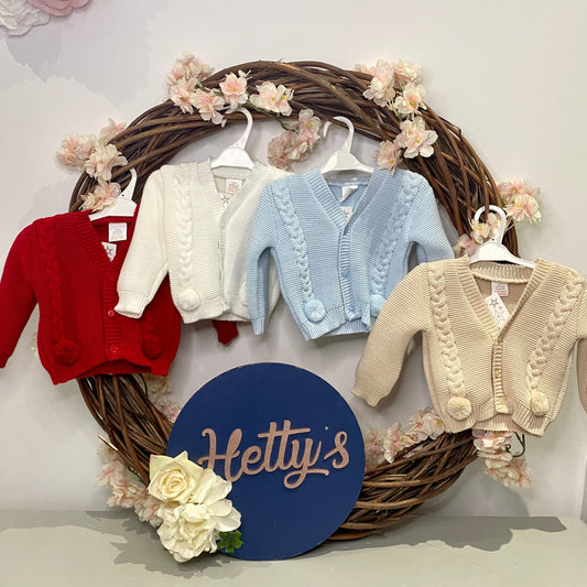 Boys Cable Knit Double Pom Cardigan