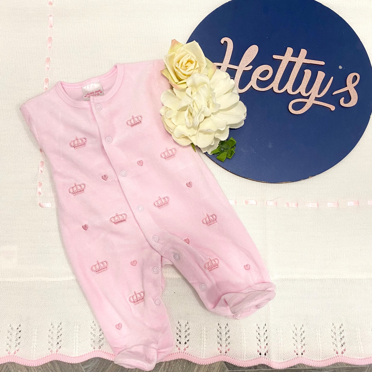 Baby Pink Velour Crown Sleepsuit