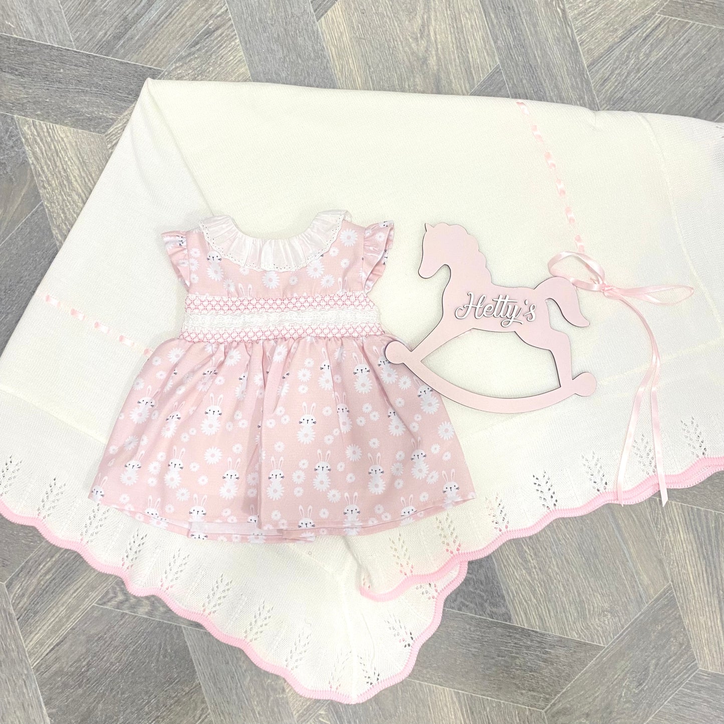 Pink Bunny Print Smocked Dress