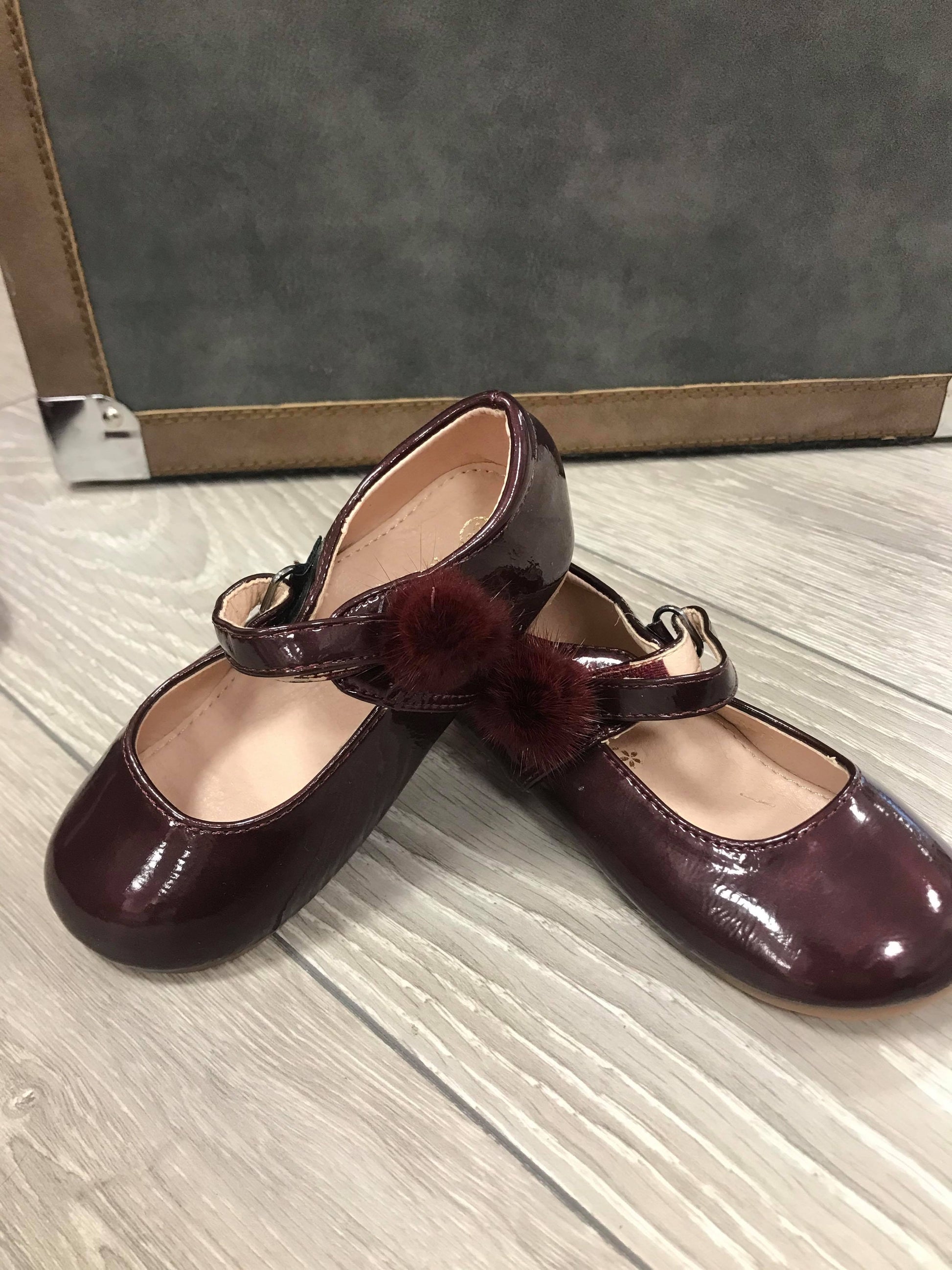 Burgundy Side Pom Shoes - Hetty's Baby Boutique