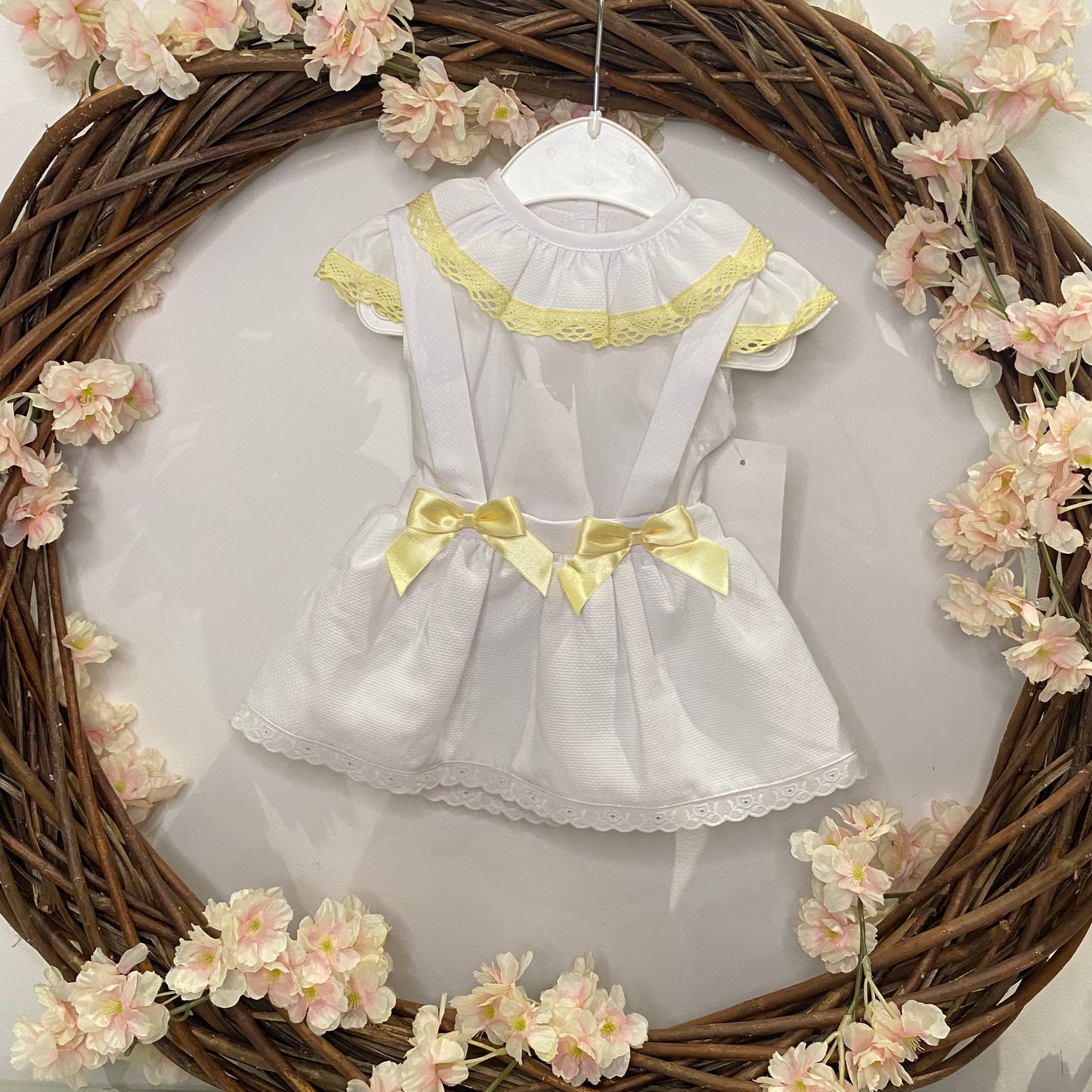 White Dungaree Skirt Set with Lemon Bows