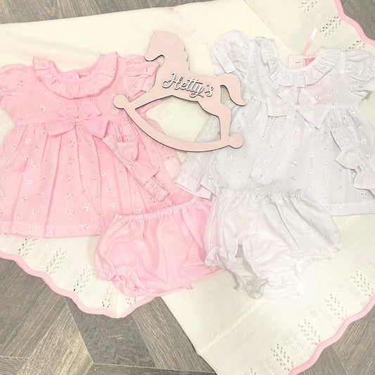Pink/White Single Bow Frilly Dress Three Piece Set