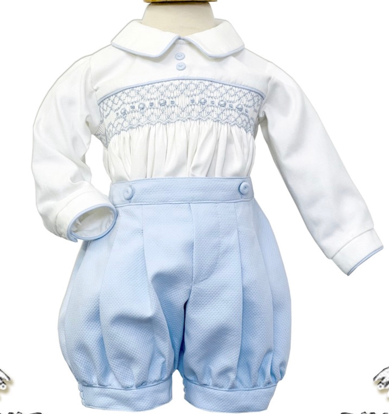 Pretty Originals Cream/Blue Smocked Shorts Set