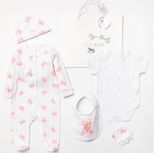 White & Pink Bunny Print 5pc Set