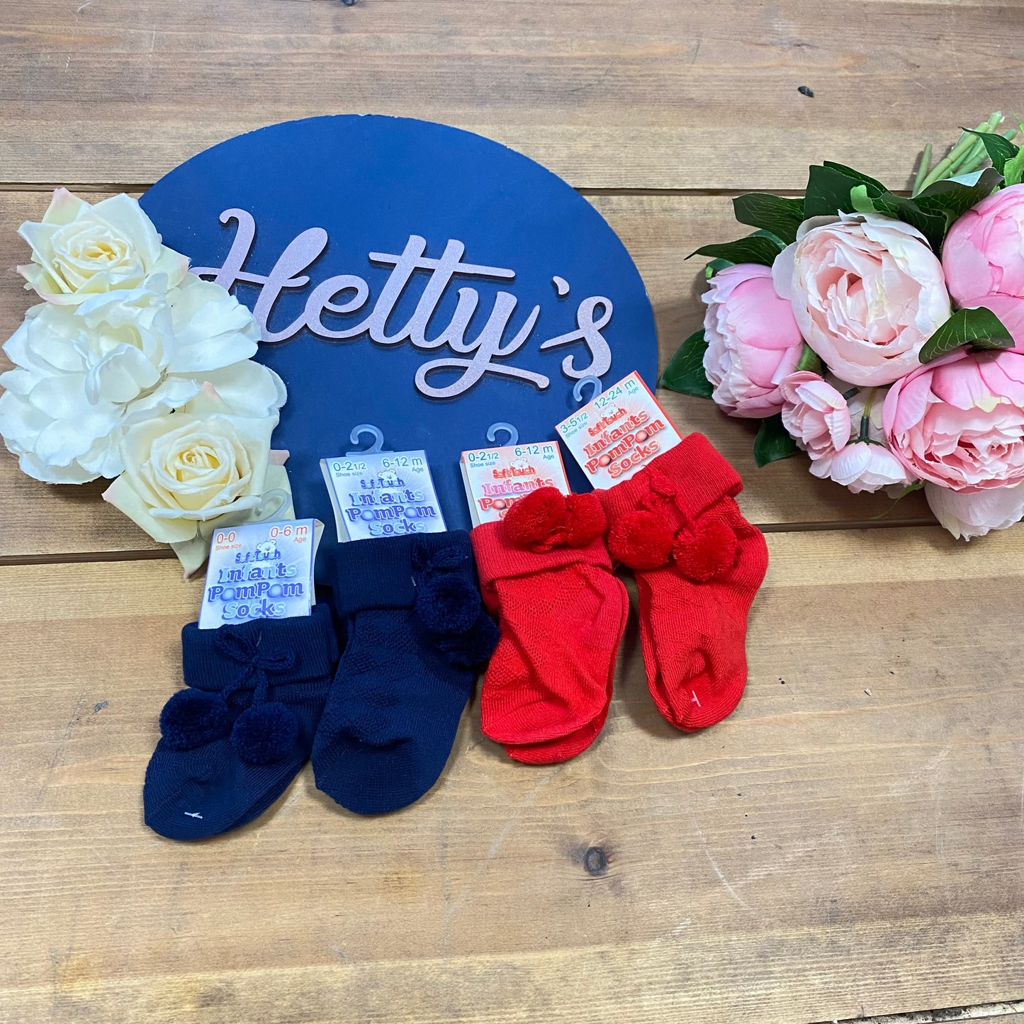 Red & Navy Pom Ankle Socks