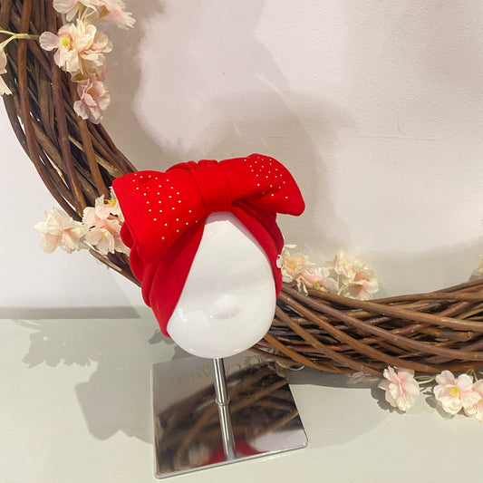 Caramelo Red Diamanté Bow Turban
