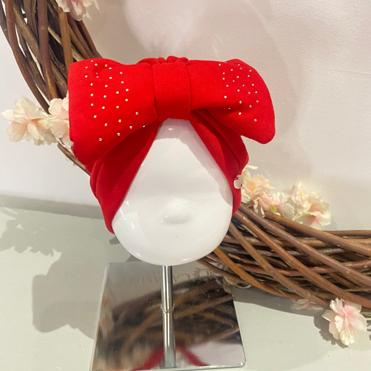 Caramelo Red Diamanté Bow Turban