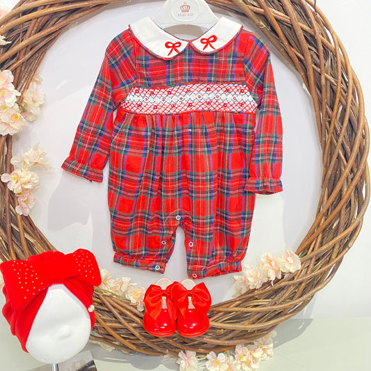 Beau Kid Red Tartan Smocked Romper